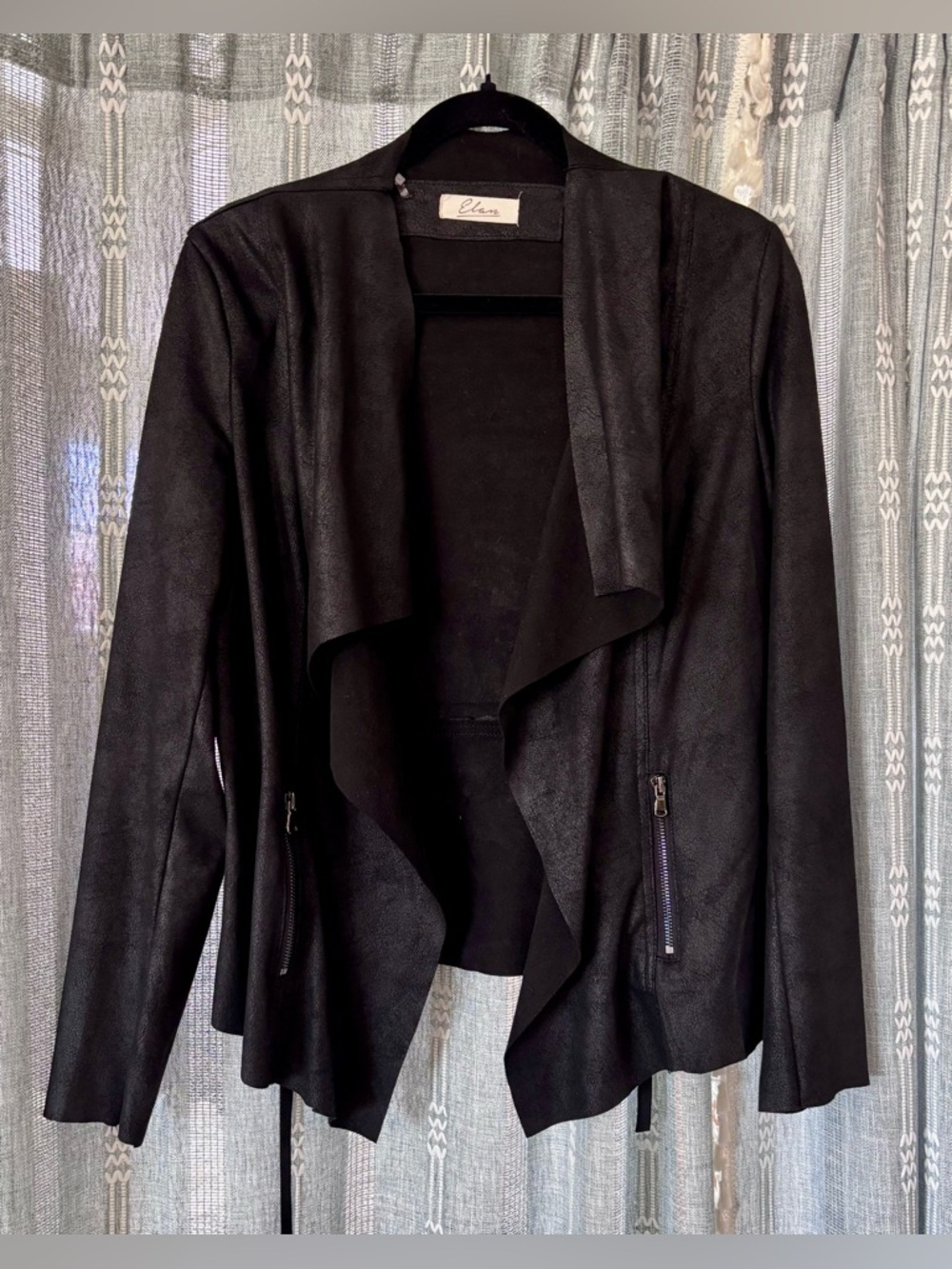 Elan Black Faux-Suede Draped Open Jacket